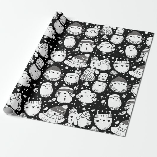 Cute Kawaii Dier Doodle Patroon (3) Cadeaupapier (Uitgerold)