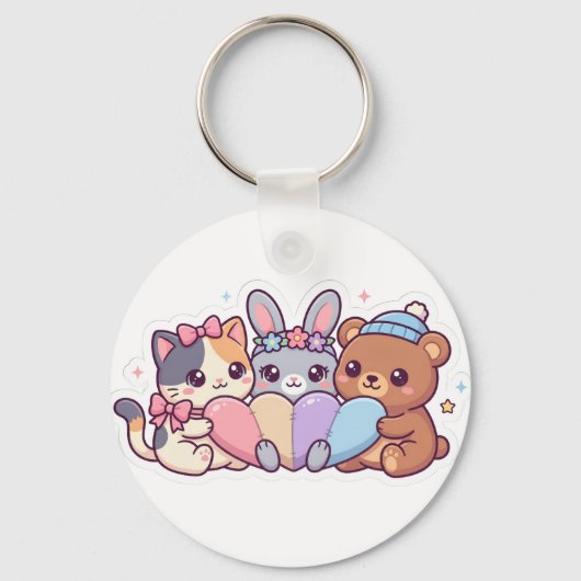 Cute Kawaii Dieren Pastel Hart Sleutelhanger (Voorkant)