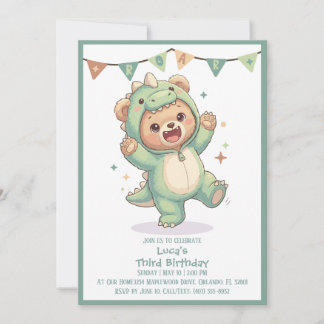 Cute Kawaii Dino Bear Party | 3rd Birthday Kaart