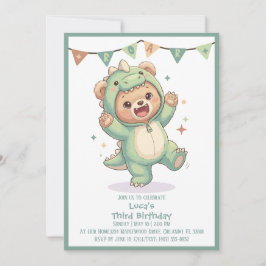 Cute Kawaii Dino Beer Feestje | 3e Verjaardag Kaart