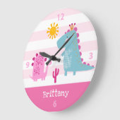 Cute Kawaii Dinosaur Girl Pink Nursery Custom Name Grote Klok (Hoek)