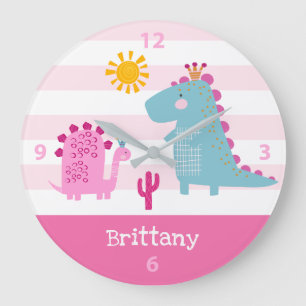 Cute Kawaii Dinosaur Girl Pink Nursery Custom Name Grote Klok