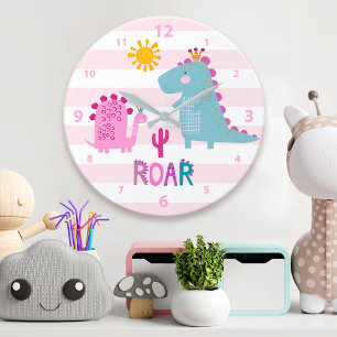 Cute Kawaii Dinosaur Girl Pink Nursery Fun Roar Grote Klok