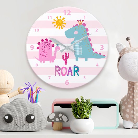 Cute Kawaii Dinosaur Girl Pink Nursery Fun Roar Grote Klok