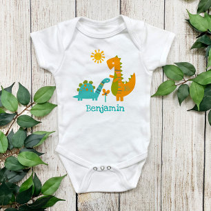 Cute Kawaii Dinosaurs Baby Boy Turquoise Name Romper