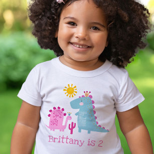Cute Kawaii Dinosaurs Girl Pink 2e verjaardag Naam Kinder Shirts