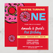 Cute Kawaii Donut Red Joint Twin 1st Birthday Kaart (Voorkant / Achterkant)