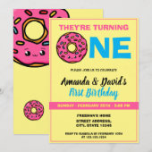 Cute Kawaii Donut Yellow Joint Twin 1st Birthday Kaart (Voorkant / Achterkant)