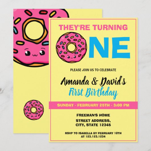 Cute Kawaii Donut Yellow Joint Twin 1st Birthday Kaart (Voorkant / Achterkant)