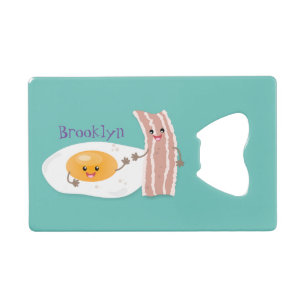 Cute kawaii egg and bacon cartoon illustration creditkaart flessenopener