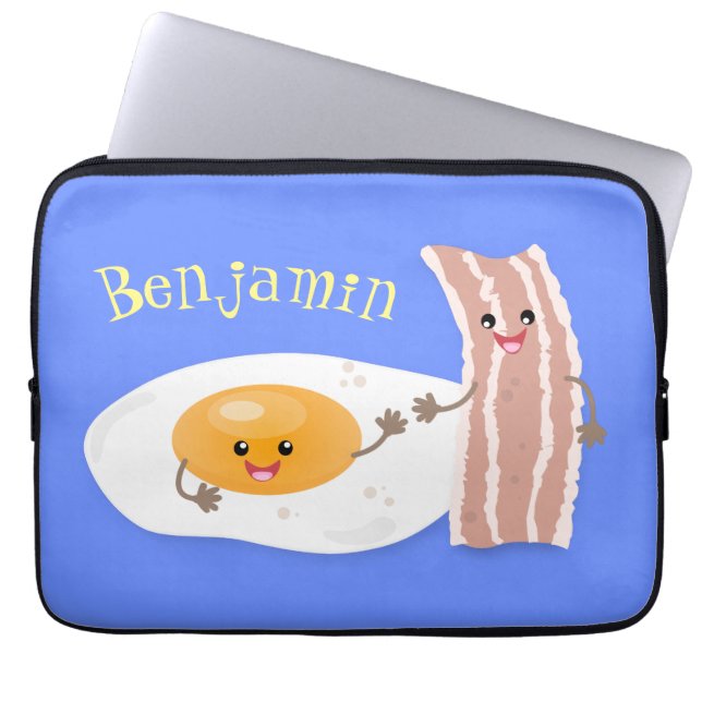 Cute kawaii egg and bacon cartoon illustration laptop sleeve (Voorkant)