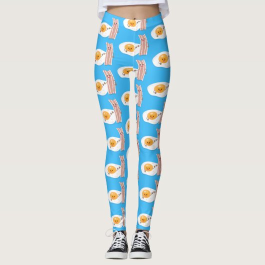 Cute kawaii egg and bacon cartoon illustration leggings (Voorkant)