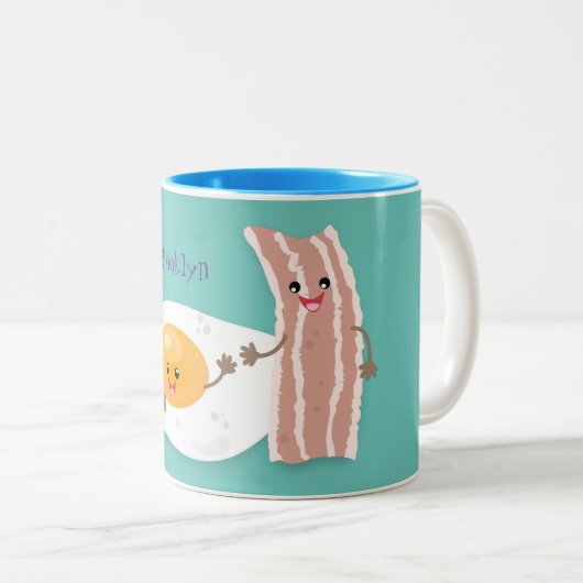 Cute kawaii egg and bacon cartoon illustration tweekleurige koffiemok (Voorkant rechts)