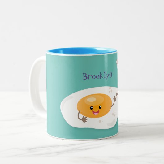 Cute kawaii egg and bacon cartoon illustration tweekleurige koffiemok (Voorkant links)