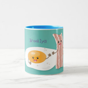Cute kawaii egg and bacon cartoon illustration tweekleurige koffiemok
