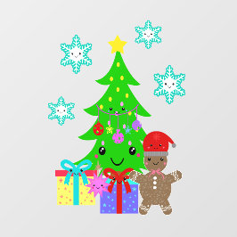Cute Kawaii Face Kerstmis Scene 52x72 & Down Raamsticker