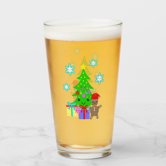 Cute Kawaii Face Kerstmis Scene, ZSG Glas (Voorkant gevuld)