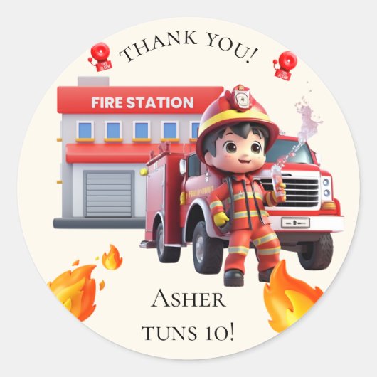 Cute Kawaii Firefighter Boy Fire Truck Thank You Ronde Sticker (Voorkant)