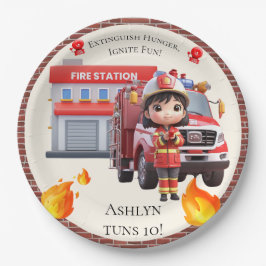 Cute Kawaii Firefighter Girl and Fire Truck Papieren Bordje