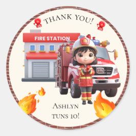 Cute Kawaii Firefighter Girl and Fire Truck Ronde Sticker