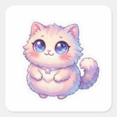 Cute Kawaii Fluffy Kitten Kat Ster Pastel Chibi St Vierkante Sticker (Voorkant)