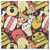 Cute Kawaii Food Patterned Black Stof (Close Up)