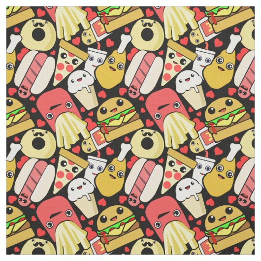 Cute Kawaii Food Patterned Black Stof (Swatch)