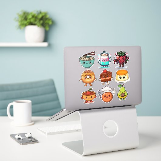 Cute Kawaii Foods | Donut, Coffee, Ramen Sticker (Laptop op bureau)
