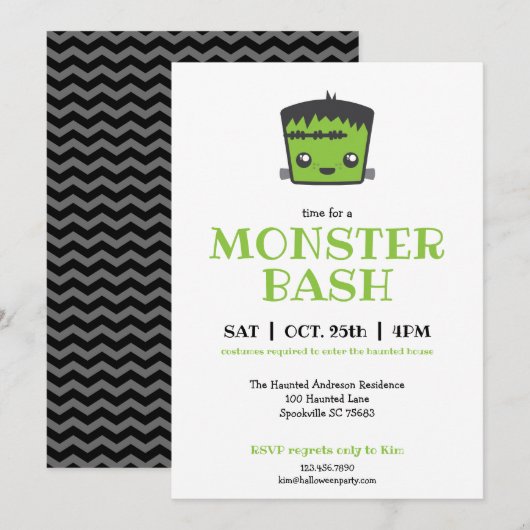 Cute Kawaii Frankenstein Monster Halloween Party Kaart (Voorkant / Achterkant)