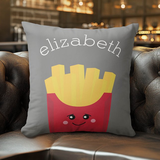 Cute Kawaii French Fries met Douane Naam Buitenkussen (Whimsical Custom Monogram Pillow)