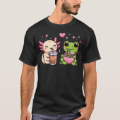 Cute Kawaii Frog and Axolotl Eating Ramen and Boba T-shirt (Voorkant)