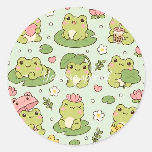 Cute Kawaii Frog Lily Pad Pattern | Pastel Pond Ae Ronde Sticker (Voorkant)