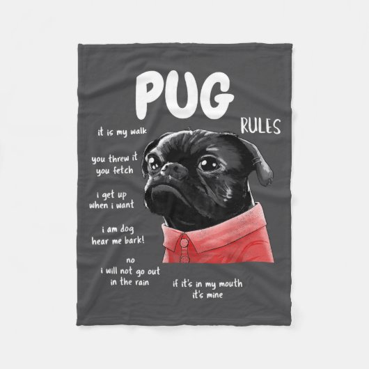 Cute Kawaii Funny Black Pug Dog Rules Men Women Ki Fleece Deken (Voorkant)