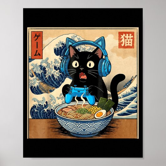 Cute Kawaii Gamer Cat Funny Ramen Japanese Cat Gam Poster (Voorkant)