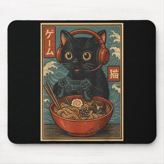 Cute Kawaii Gamer Cat Funny Ramen Retro Japanese C Muismat (Voorkant)