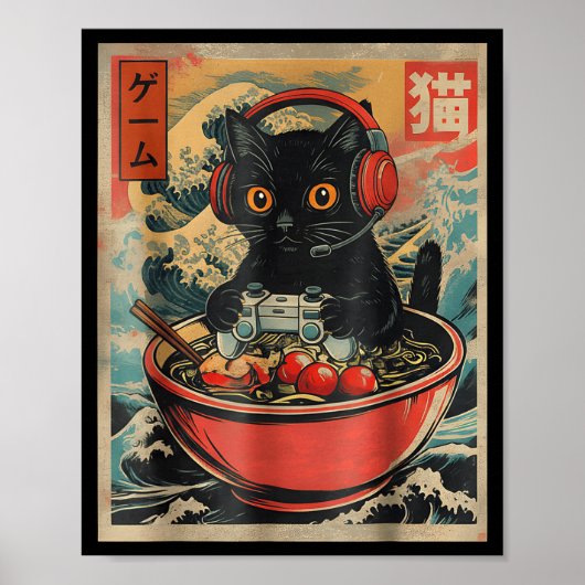 Cute Kawaii Gamer Cat Funny Ramen Retro Japanese C Poster (Voorkant)