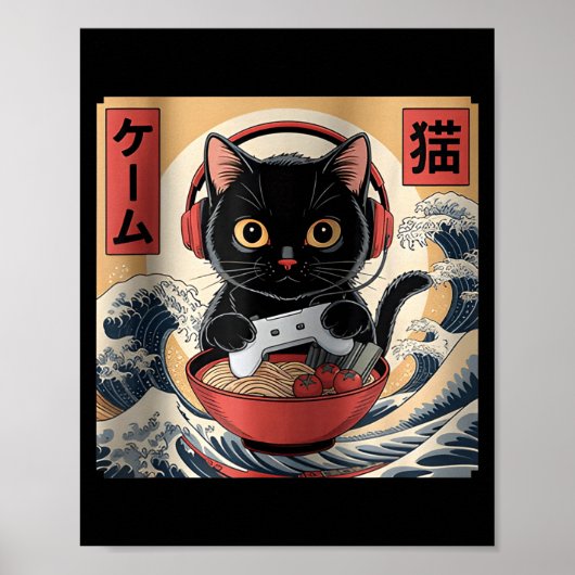 Cute Kawaii Gamer Cat Funny Ramen Retro Japanese C Poster (Voorkant)