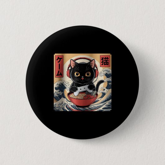 Cute Kawaii Gamer Cat Funny Ramen Retro Japanese C Ronde Button 5,7 Cm (Voorkant)
