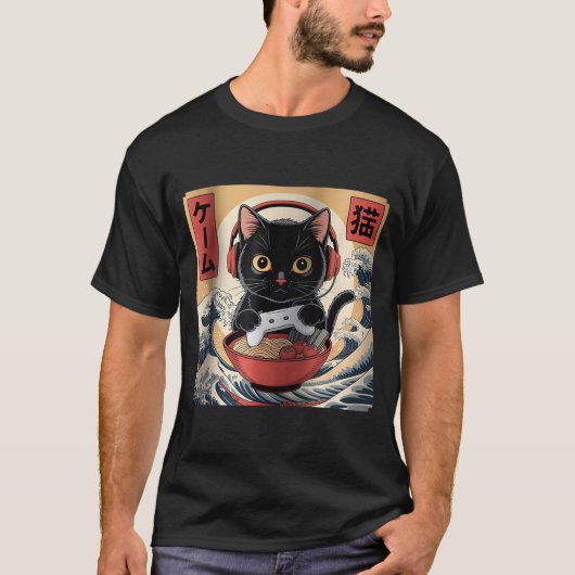 Cute Kawaii Gamer Cat Funny Ramen Retro Japanese C T-shirt (Voorkant)