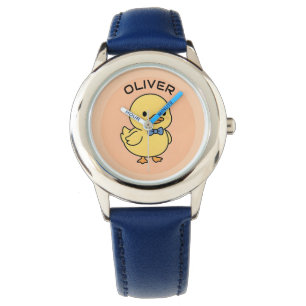 Cute Kawaii Gele Eend Met Blauwe Vlinderdas Horloge
