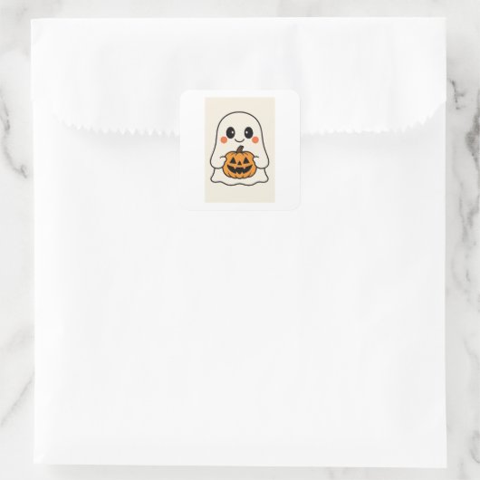 Cute Kawaii Ghost with Pumpkin Vierkante Sticker (Tas)