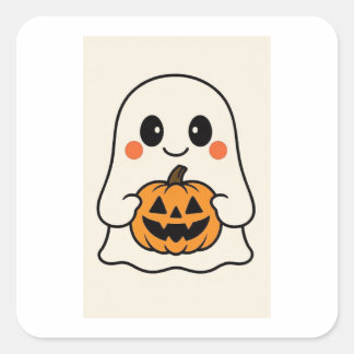 Cute Kawaii Ghost with Pumpkin Vierkante Sticker