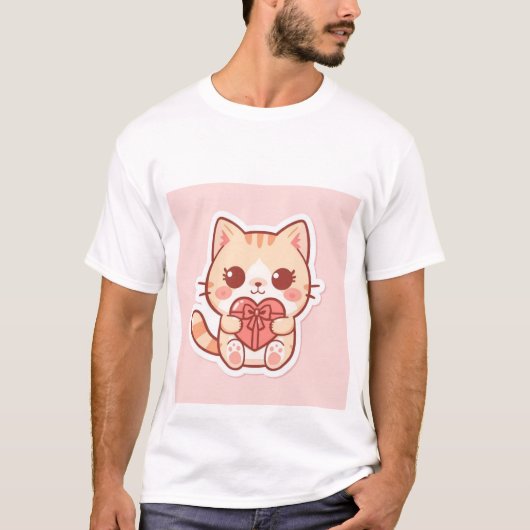 Cute Kawaii Ginger Cat Sitting with Heart Gift 💖 T-shirt (Voorkant)