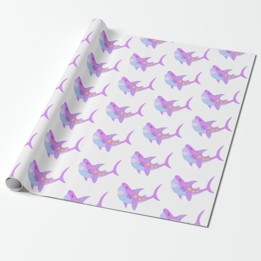 Cute Kawaii glimlachend Shark Pattern in Paars Cadeaupapier (Uitgerold)