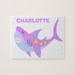 Cute Kawaii glimlachende haai in Paars speciaal ge Legpuzzel<br><div class="desc">Schattig boho kunstwerk van een vrolijk glimlachende kawaï-achtige haai in lavender paars en aqua blue ,  gepersonaliseerd met jouw naam .</div>