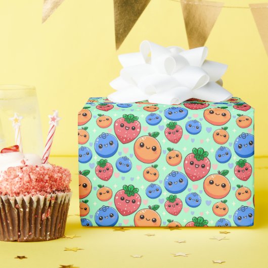 Cute Kawaii Green Orange Blue Fruit Gender Neutral Cadeaupapier (Verjaardagsfeest)