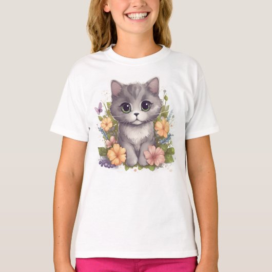 Cute Kawaii Grey Kitten met bloemen T-shirt (Voorkant)