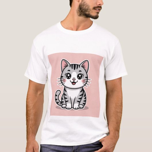 Cute Kawaii Grey Tabby Cat Smiling - Happy Kitten  T-shirt (Voorkant)
