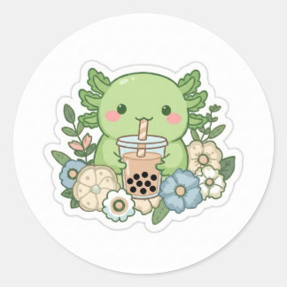 Cute Kawaii Groene Axolotl Drinkende Boba Thee Sti Ronde Sticker