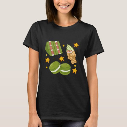 Cute Kawaii Hand-Drawn Matcha Sweets T-shirt (Voorkant)